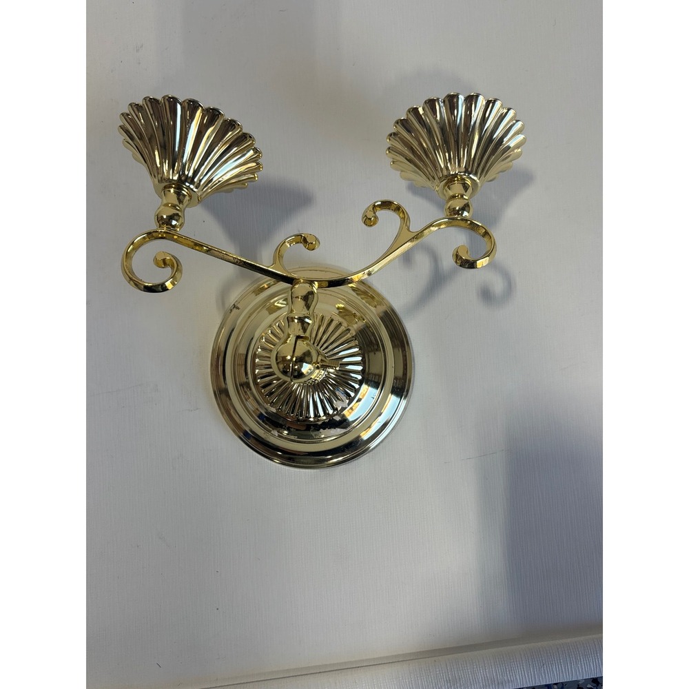 Vintage Gold Tone Brass Metal 2 Arm Candelabra Scrolled Shell Candle Holder